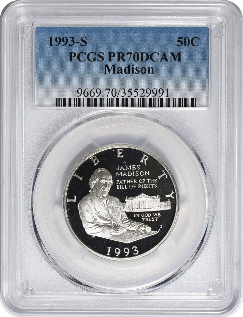 1993-S Madison Commemorative Half Dollar PCGS PR70DCAM: 1993-S Madison Commemorative Half Dollar PCGS PR70DCAM Experience the beauty of American numismatics with this stunning 1993-S Madison Commemorative Half Dollar, graded PR70DCAM by PCGS. As one of the