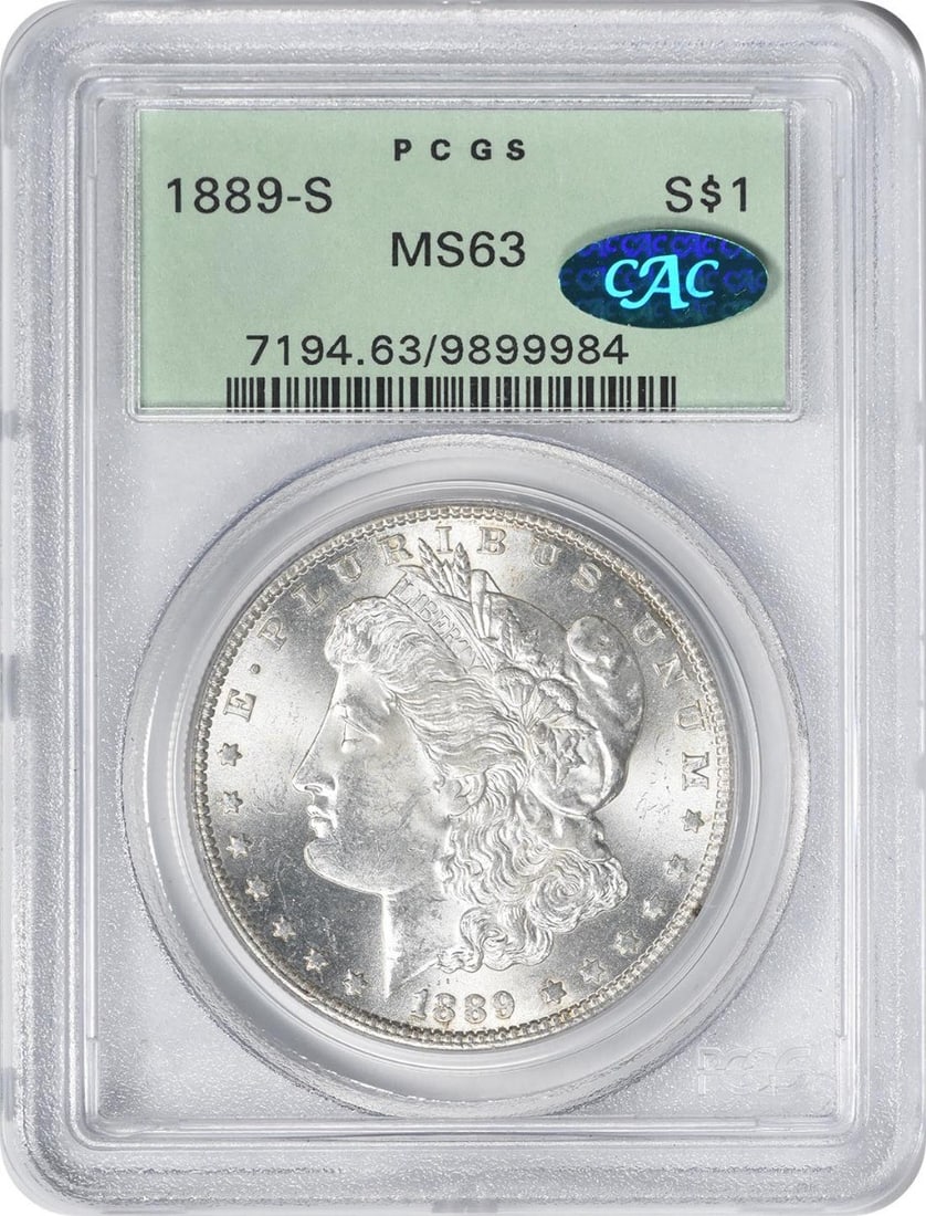 1889-S Morgan Silver Dollar MS63 PCGS OGH CAC: 1889-S Morgan Silver Dollar MS63 PCGS OGH CAC A stunning example of American numismatic history, this 1889-S Morgan Silver Dollar boasts a rare MS63 grade from the PCGS, making it a true treasure for