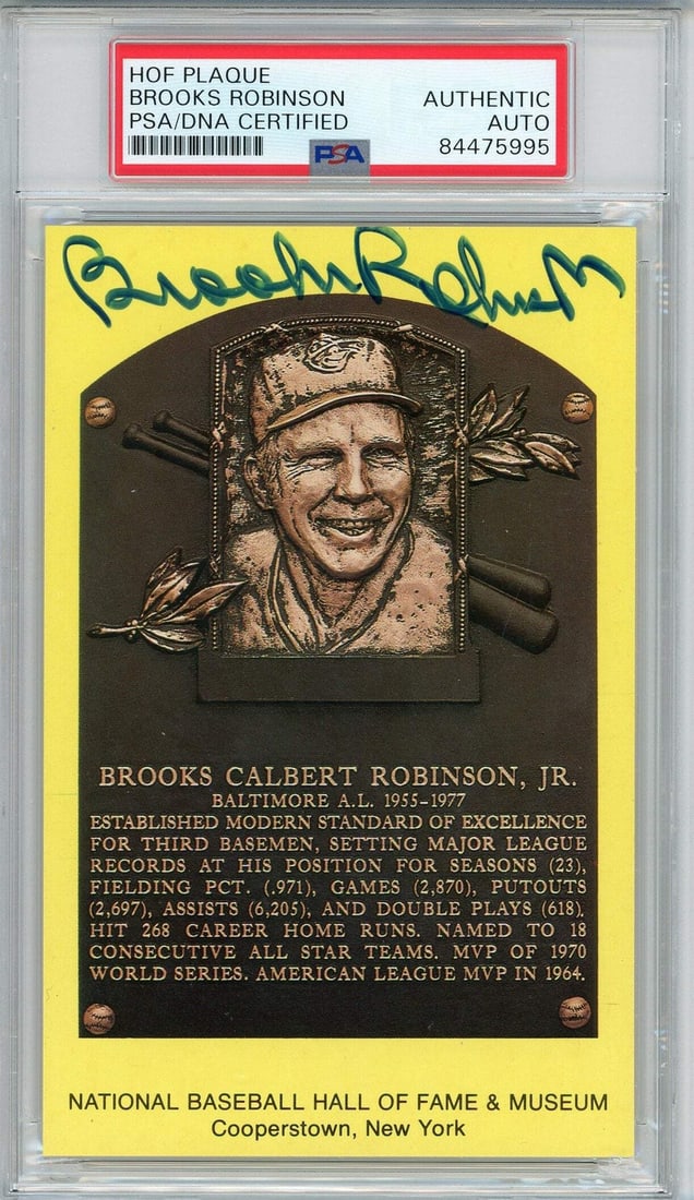 (PSA) Brooks Robinson Autographed Hall of Fame Plaque Card: (PSA) Brooks Robinson Autographed Hall of Fame Plaque Card Get ready to own a piece of baseball history with this incredible Brooks Robinson autographed Hall of Fame plaque card, authenticated and sla