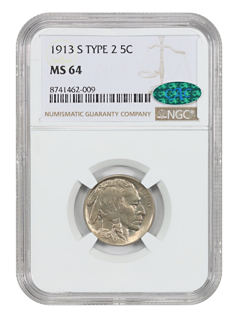 1913-S 5C NGC/ CAC MS64 (Type 2) - Buffalo Nickel Key Date S-Mint: 1913-S 5C NGC/ CAC MS64 (Type 2) - Buffalo Nickel Key Date S-Mint Experience the rare beauty of the 1913-S Buffalo Nickel, certified MS64 by NGC and graded CAC. As one of the most iconic key dates in
