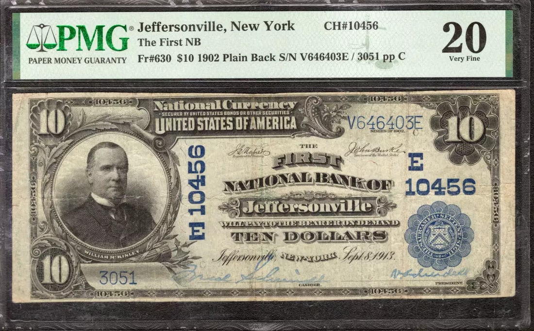 KNOWN 1902 $10 FIRST NATIONAL BANKNOTE JEFFERSONVILLE NEW YORK PMG VF 20 ONLY 2: KNOWN 1902 $10 FIRST NATIONAL BANKNOTE JEFFERSONVILLE NEW YORK PMG VF 20 ONLY 2 A rare and highly sought-after 1902 $10 First National Banknote from Jeffersonville, New York, graded PMG VF 20 by the l