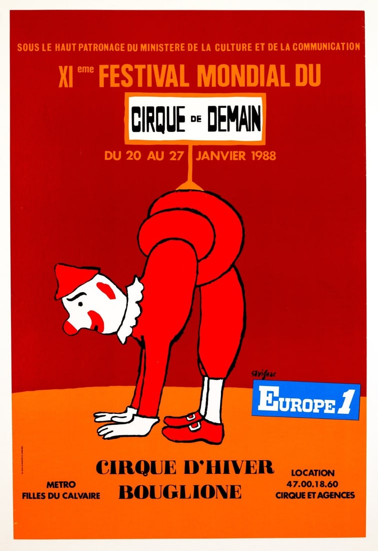 Raymond Savignac Cirque de Demain 1988 French Circus Poster: Raymond Savignac Cirque de Demain 1988 French Circus Poster Experience the vibrant world of Raymond Savignac's iconic Cirque de Demain poster, created in 1988. This rare French circus poster is a test
