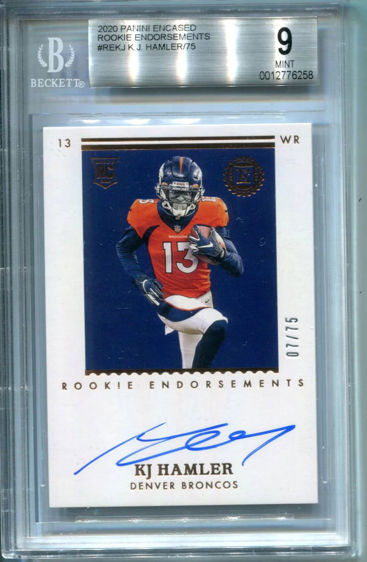 75 KJ Hamler 2020 Panini Encased Rookie Endorsements Auto Card (BGS MT 9) 7/: 75 KJ Hamler 2020 Panini Encased Rookie Endorsements Auto Card (BGS MT 9) 7/ Get your hands on the rarest of rookie cards - KJ Hamler's 2020 Panini Encased auto card, graded by BGS to an impressive MT