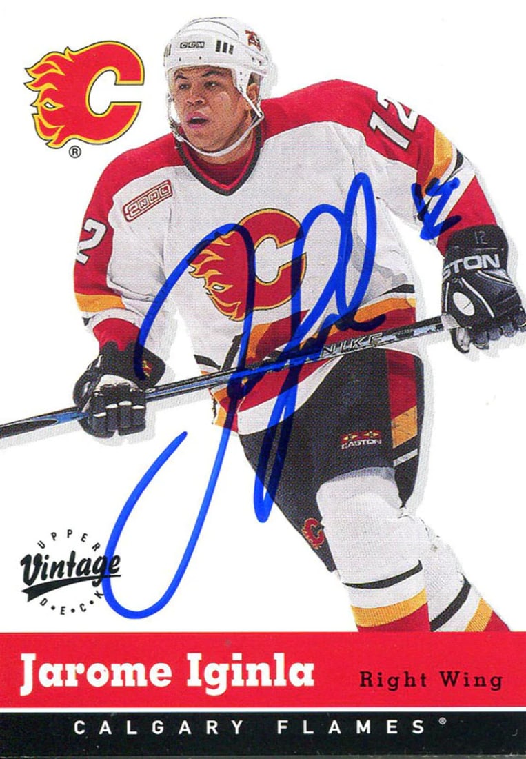 Card Jarome Iginla Autographed 2000 Upper Deck: Card Jarome Iginla Autographed 2000 Upper Deck Get ready to relive the excitement of Jarome Iginla's early NHL career with this autographed 2000 Upper Deck card, signed in blue sharpie by the legendar