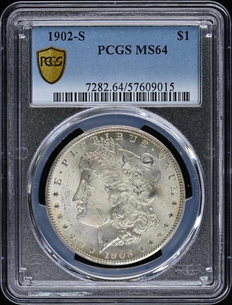 1902-S $1 Morgan Dollar MS64 (PCGS): 1902-S $1 Morgan Dollar MS64 (PCGS) A rare and highly sought-after 1902-S Morgan Dollar, graded MS64 by PCGS, is up for auction. This uncirculated coin boasts stunning condition and is a prized additi