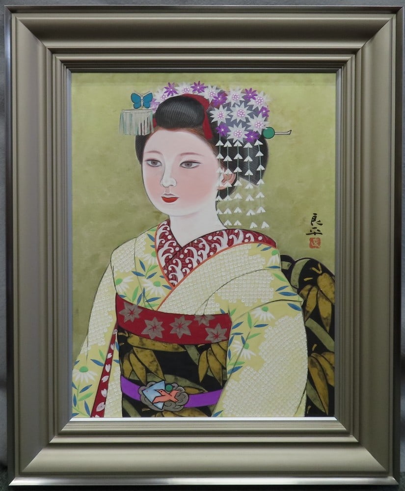 framed Ryohei Miwa Japanese painting maiko woman makeup kimono headwear flowers: framed Ryohei Miwa Japanese painting maiko woman makeup kimono headwear flowers A stunning piece of traditional Japanese art, this framed painting by renowned artist Ryohei Miwa showcases a beautiful