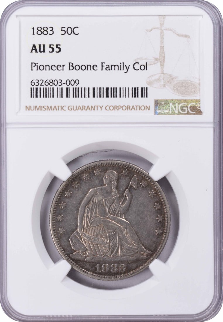 1883 Liberty Seated Silver Half Dollar - AU55 NGC: 1883 Liberty Seated Silver Half Dollar - AU55 NGC Experience the elegance of the 1883 Liberty Seated Silver Half Dollar, featuring Thomas Sully's iconic design and Christian Gobrecht's masterful minti