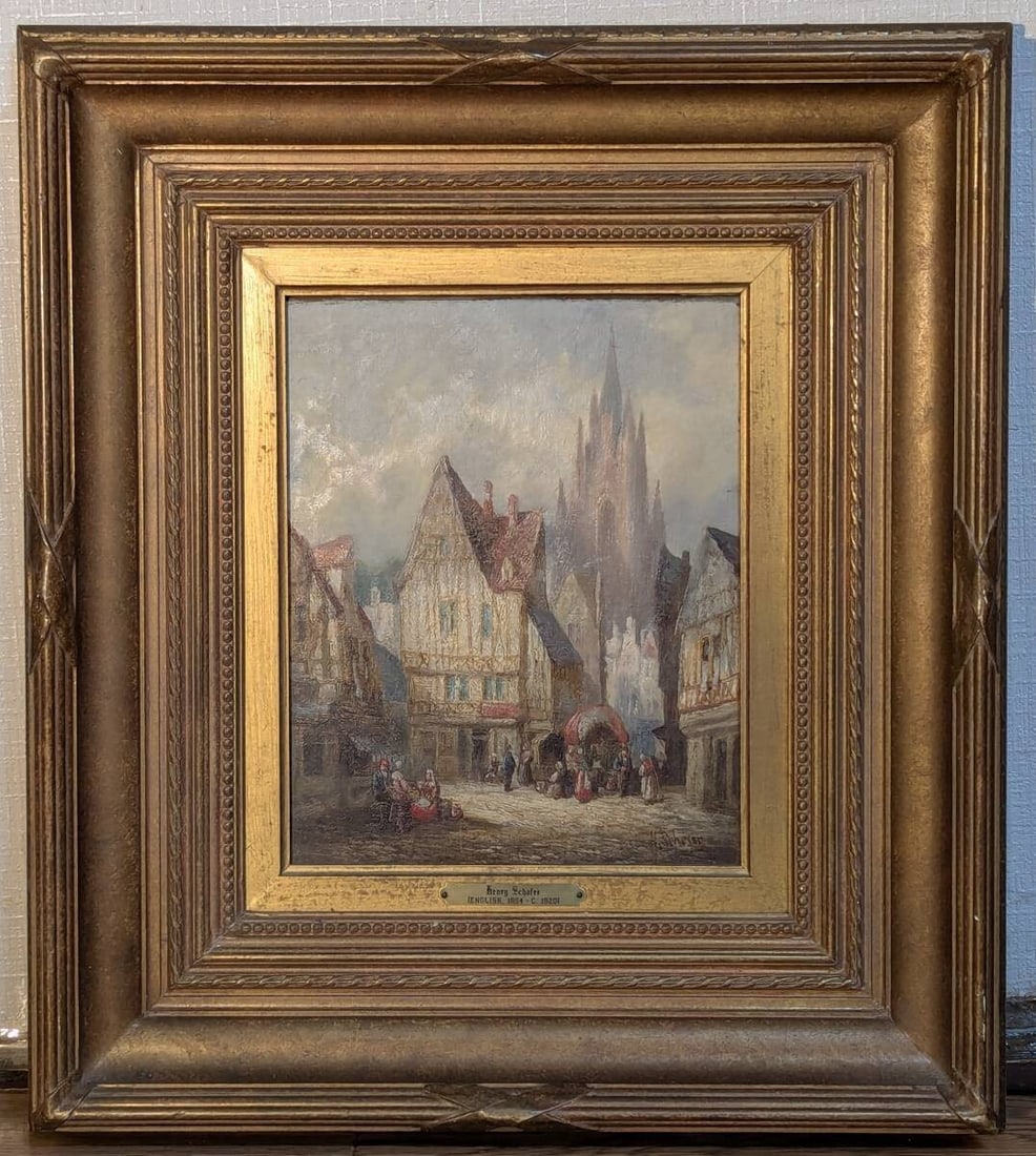 Cathedral Henry Schafer (UK) Original Oil Painting Medieval Street" Gothic: Cathedral Henry Schafer (UK) Original Oil Painting Medieval Street" Gothic Experience the grandeur of medieval Europe in this stunning oil painting by renowned artist Henry Schafer, UK. This large and