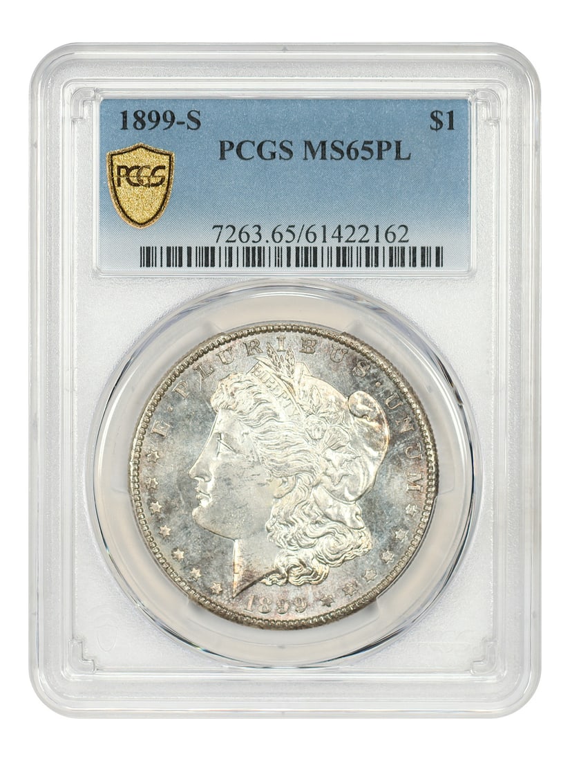1899-S Morgan Dollar MS65PL PCGS: 1899-S Morgan Dollar MS65PL PCGS Experience the majesty of the 1899-S Morgan Dollar, one of the most iconic coins in American numismatics. This stunning MS65PL specimen boasts exceptional condition an