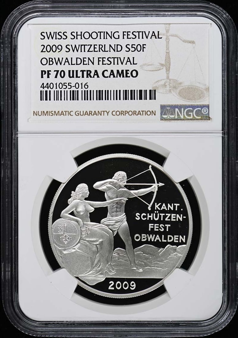 PR70DCAM 2009 SWITZERLND OBWALDEN FESTIVAL S50F NGC: PR70DCAM 2009 SWITZERLND OBWALDEN FESTIVAL S50F NGC Experience the beauty of Switzerland with this stunning 2009 Swiss Olympic Winter Games commemorative coin, graded PR70DCAM by NGC. Featuring an int