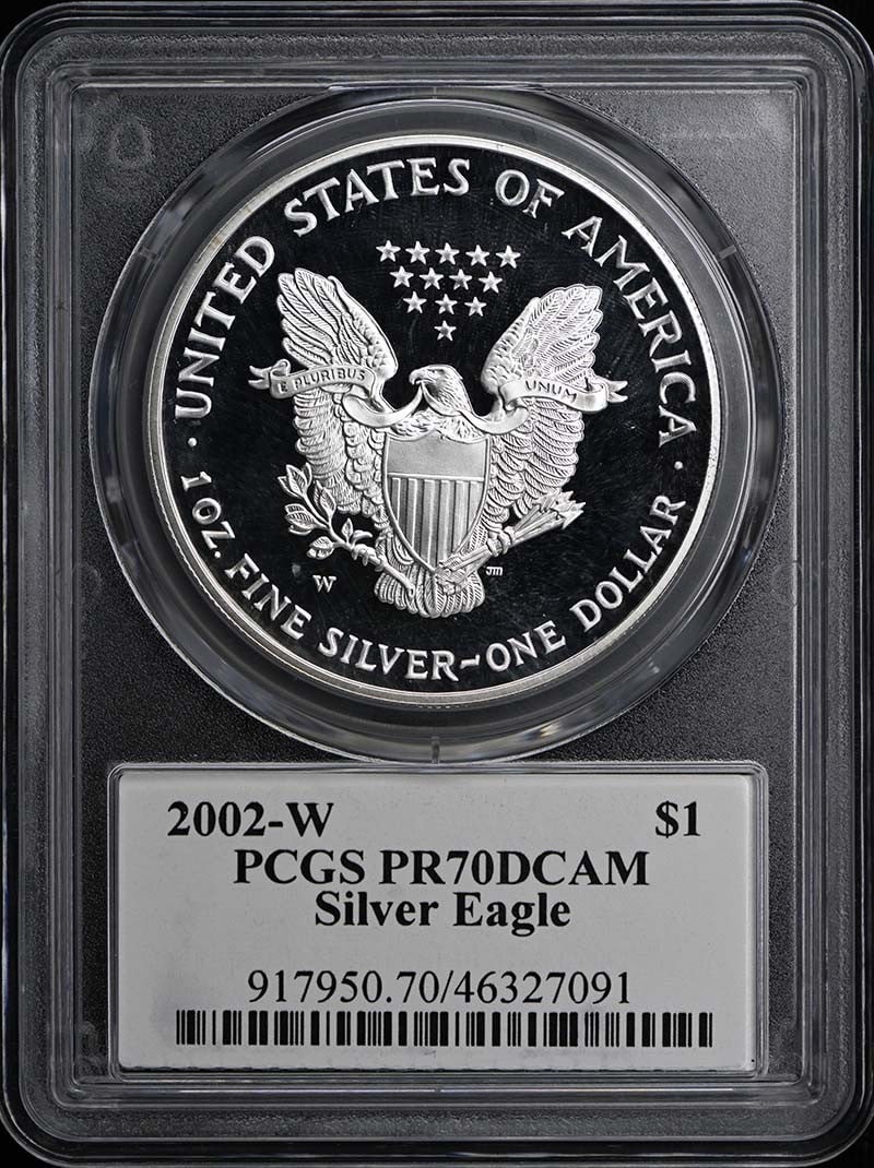 2002-W $1 Silver Eagle with David Hall Signature, PCGS PR70DCAM: 2002-W $1 Silver Eagle with David Hall Signature, PCGS PR70DCAM This 2002-W $1 Silver Eagle is a rare and highly sought-after coin, boasting a stunning PR70DCAM grade from the PCGS. With its official