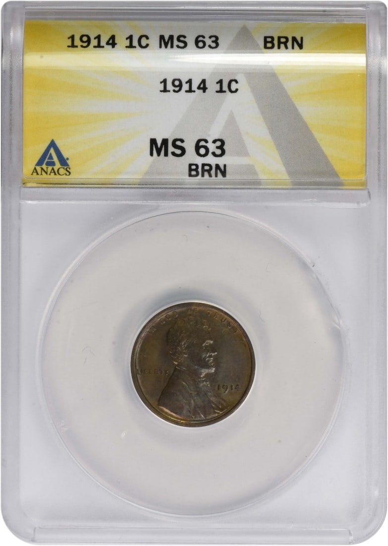 1914 Lincoln Cent (MS63BN) - ANACS: 1914 Lincoln Cent (MS63BN) - ANACS A rare and highly sought-after 1914 Lincoln Cent, graded MS63 by the esteemed ANACS organization, boasts a beautiful BN (brilliant uncirculated) condition that showc