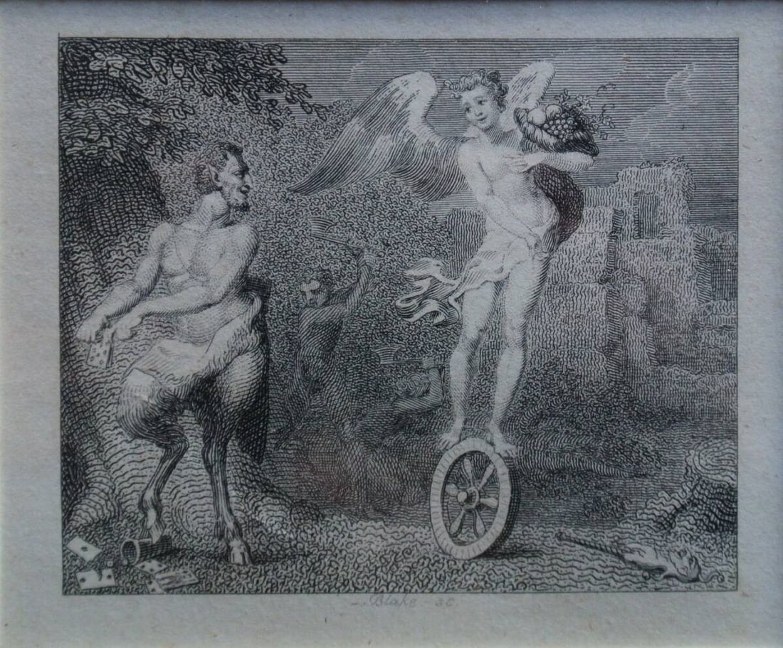 Satyr William Blake Pan and Fortune Engraving Mythology Antique Print Cupid: Satyr William Blake Pan and Fortune Engraving Mythology Antique Print Cupid Experience the enchanting world of William Blake's Romanticism with this beautifully framed engraving of Pan and Fortune, a