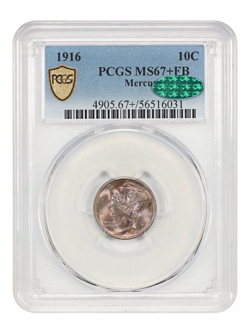 1916 10C Mercury PCGS/ CAC MS67+FB - Dime First Year of Issue: 1916 10C Mercury PCGS/ CAC MS67+FB - Dime First Year of Issue Rarity and condition come together in this stunning 1916 Mercury dime, graded MS67+FB by PCGS/CAC. As the first year of issue for this des
