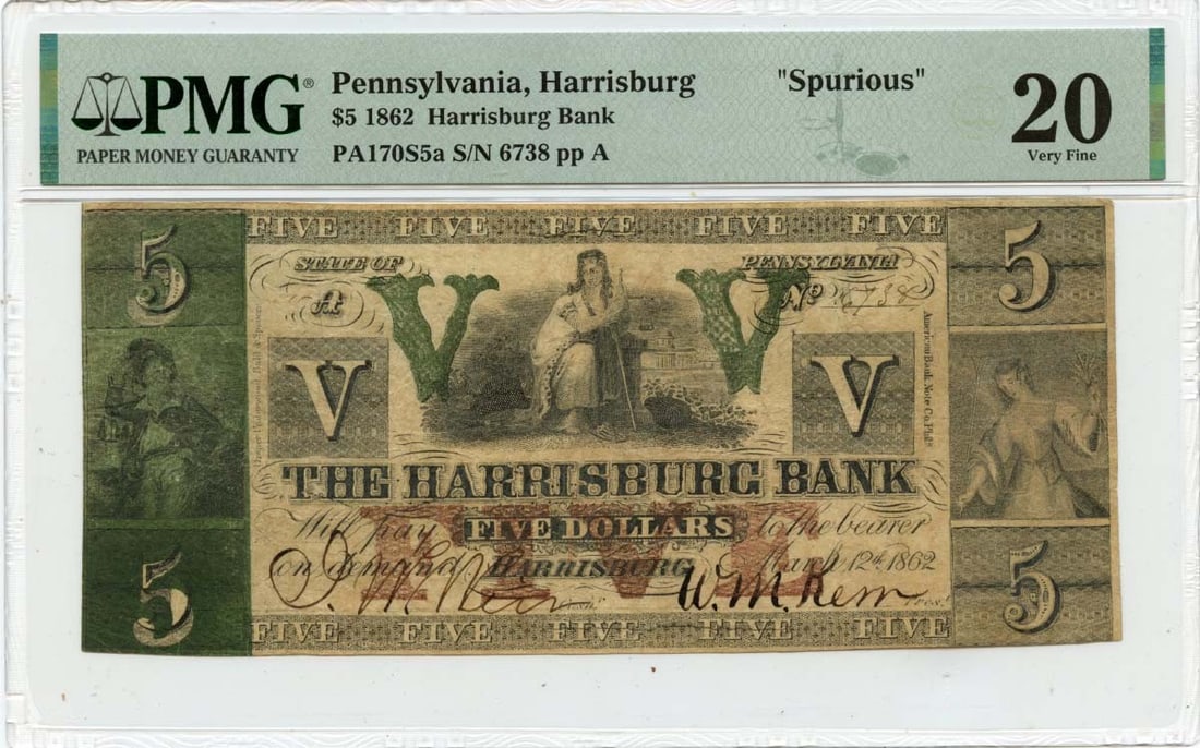 Pennsylvania Obsolete Note Harrisburg Bank PMG VF20 Spurious - 1862 $5 Harrisburg: Pennsylvania Obsolete Note Harrisburg Bank PMG VF20 Spurious - 1862 $5 Harrisburg A rare and fascinating piece of American financial history, the 1862 $5 Harrisburg Bank note is a spurious example fro