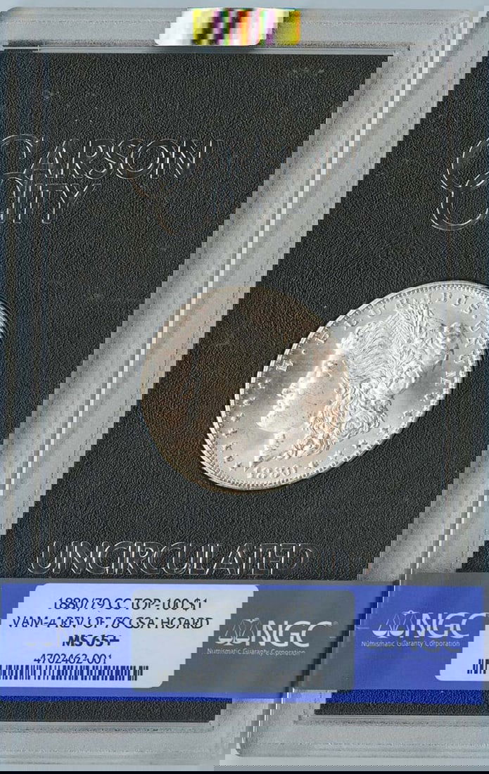 4 1880/ 79-CC TOP-100 Morgan REV 78 GSA HOARD S$1 NGC MS65+ Vam: 4 1880/ 79-CC TOP-100 Morgan REV 78 GSA HOARD S$1 NGC MS65+ Vam A rare and highly sought-after addition to any collection, this 1880 Morgan dollar boasts an impressive NGC MS65+ grade, indicating exce