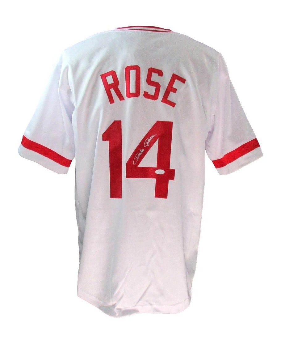 190562 Pete Rose Signed/ Auto White Custom Baseball Jersey Cincinnati Reds JSA: 190562 Pete Rose Signed/ Auto White Custom Baseball Jersey Cincinnati Reds JSA Get ready to relive the glory days of baseball with this rare and authentic Pete Rose signed white custom baseball jersey