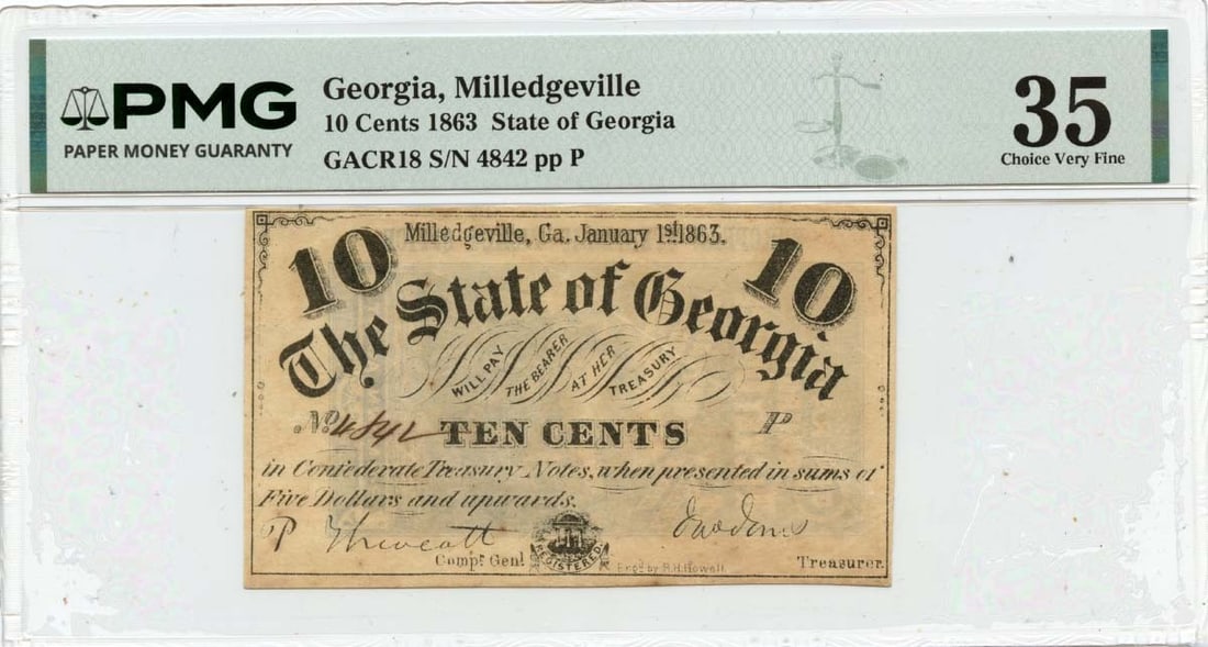 Georgia Obsolete Note PMG VF35 Advertisement Back - 1863 10 Cents Milledgeville: Georgia Obsolete Note PMG VF35 Advertisement Back - 1863 10 Cents Milledgeville A rare and historic advertisement-backed 1863 $10 Milledgeville obverse, graded VF35 by PMG, offers a unique glimpse int