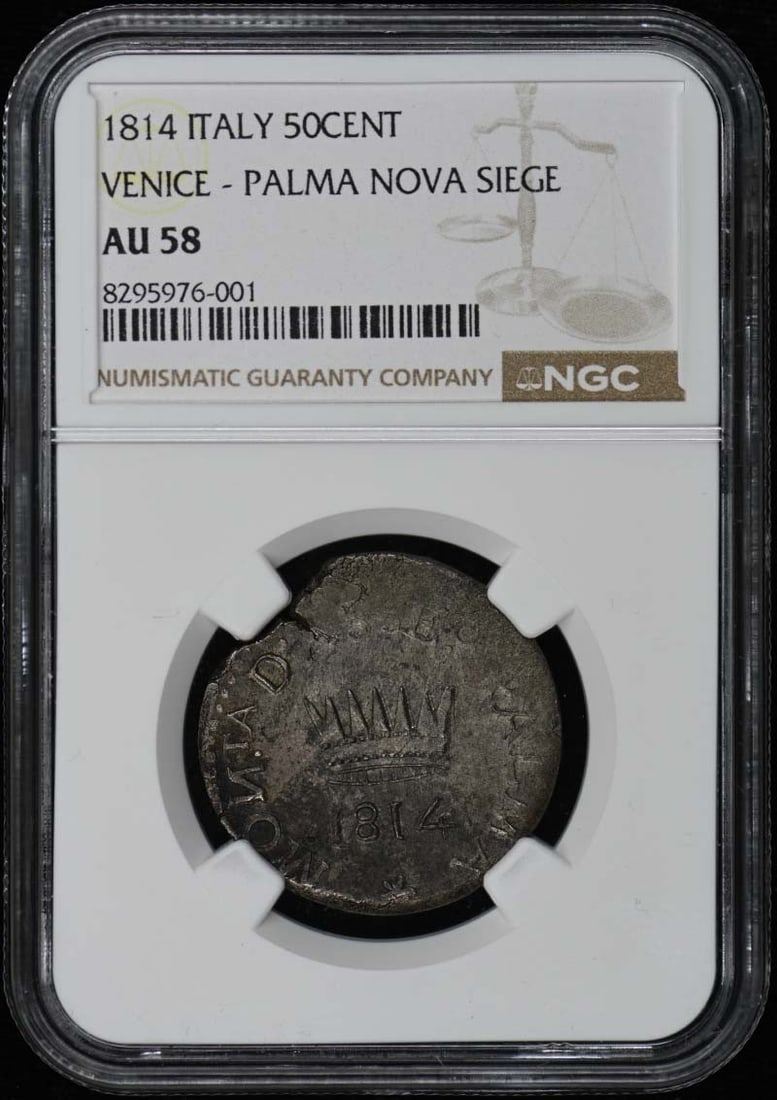 PALMA NOVA SIEGE 50CENT NGC AU58 - 1814 ITALY VENICE: PALMA NOVA SIEGE 50CENT NGC AU58 - 1814 ITALY VENICE Experience the rich history of Venice, Italy with this 1814 Palma Nova Siege half dollar, certified by the NGC and graded AU58. As part of the circ