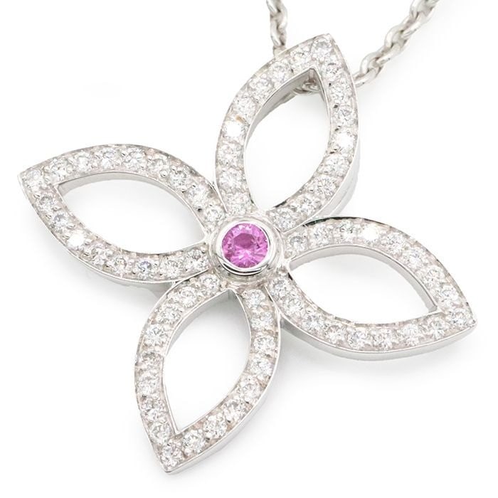 Louis Vuitton White Gold Pendant with Pink Sapphire and Diamond: Louis Vuitton White Gold Pendant with Pink Sapphire and Diamond Elevate your elegance with the exquisite Louis Vuitton white gold pendant, adorned with a stunning pink sapphire and diamond. This 18K w