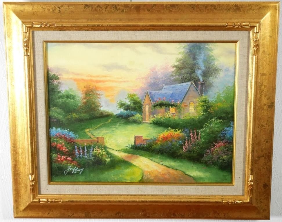Framed Jaffey Signed Oil Painting on Canvas Cottage Garden Landscape Dusk: Framed Jaffey Signed Oil Painting on Canvas Cottage Garden Landscape Dusk Experience the serene beauty of a quintessential American cottage garden at dusk, as captured in an original oil painting by r