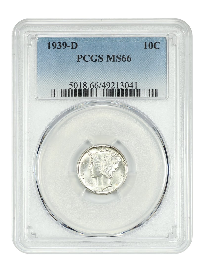 1939-D Mercury Dime MS66 PCGS: 1939-D Mercury Dime MS66 PCGS A stunning example of American numismatics, this 1939-D Mercury Dime is certified MS66 by PCGS and boasts pristine condition, showcasing exceptional detail and luster. As