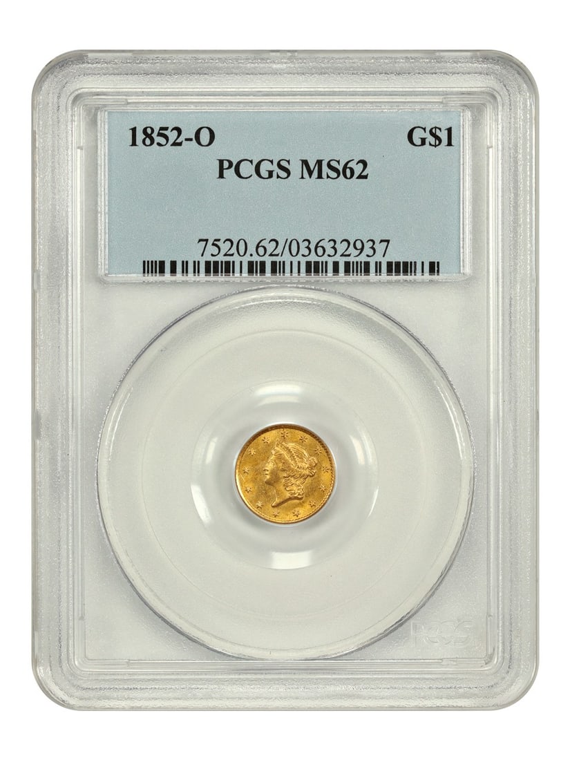 1852-O G$1 PCGS MS62 New Orleans Gold Dollar: 1852-O G$1 PCGS MS62 New Orleans Gold Dollar A rare and highly sought-after 1852-O G$1 Gold Dollar, graded MS62 by the PCGS, is up for auction. This uncirculated coin boasts a striking appearance, wit