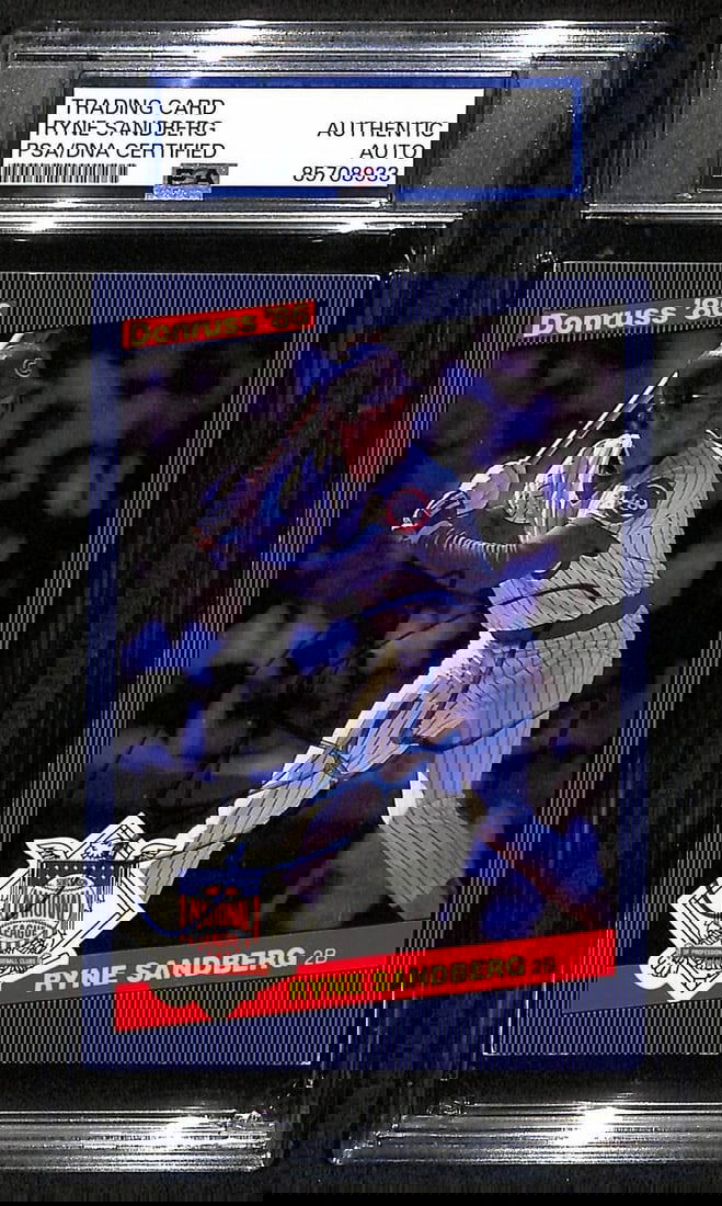 BA203470 Ryne Sandberg HOF Cubs Auto 1986 Donruss Action All-Stars Card PSA/ DNA: BA203470 Ryne Sandberg HOF Cubs Auto 1986 Donruss Action All-Stars Card PSA/ DNA Ryne Sandberg, the Hall of Fame second baseman for the Chicago Cubs, is immortalized on this iconic 1986 Donruss Action