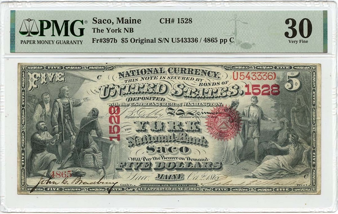 Maine CH#1528 PMG VF30 Scarce - 1865 $5 Original National FR#397b York NB Saco: Maine CH#1528 PMG VF30 Scarce - 1865 $5 Original National FR#397b York NB Saco A rare and highly sought-after 1865 $5 gold piece, graded VF30 by PMG, is up for auction. This scarce example of the Orig