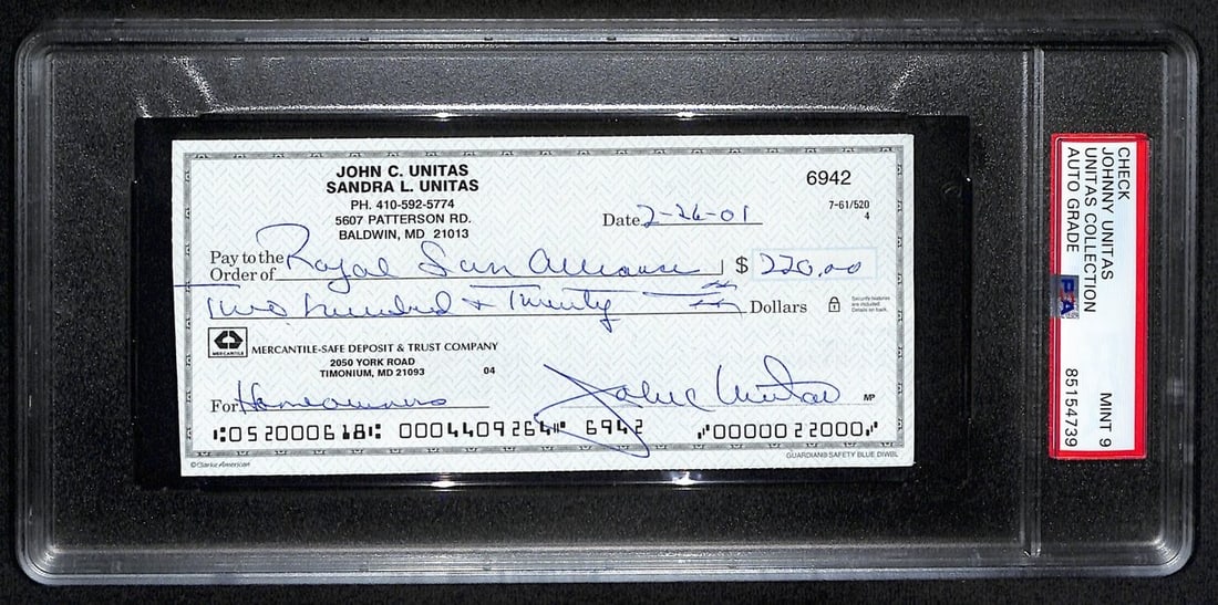 192615 Johnny Unitas HOF Signed/ Auto 2001 Bank Check Colts PSA/ DNA MINT 9: 192615 Johnny Unitas HOF Signed/ Auto 2001 Bank Check Colts PSA/ DNA MINT 9 Get ready to own a piece of football history with this incredible 2001 bank check signed by the legendary Johnny Unitas, a m