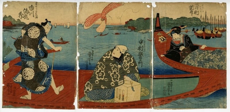 water Kuniyoshi woodblock print triptych people kimono topknot geisha boat ocean: water Kuniyoshi woodblock print triptych people kimono topknot geisha boat ocean Experience the serene elegance of 19th-century Japan with this stunning triptych woodblock print, created by the renown
