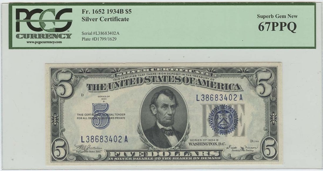 1934B $5 Silver Certificate, FR#1652, PCGS 67PPQ Superb Gem New: 1934B $5 Silver Certificate, FR#1652, PCGS 67PPQ Superb Gem New Experience the beauty of a bygone era with this stunning 1934B $5 Silver Certificate, graded MS67 by PCGS and certified as Superb Gem Ne