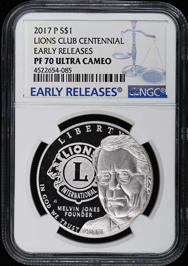 PR70DCAM 2017 P LIONS CLUB CENTENNIAL EARLY RELEASES S$1 NGC: PR70DCAM 2017 P LIONS CLUB CENTENNIAL EARLY RELEASES S$1 NGC A rare and highly sought-after 2017 Proof Lion's Club Centennial coin, graded PR70DCAM by the NGC, showcases stunning detail and exceptiona