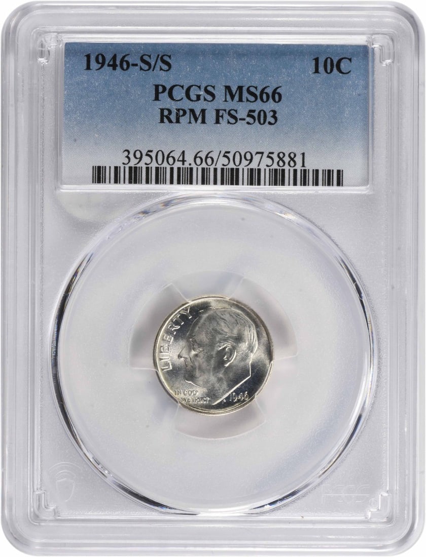 1946-S Roosevelt Dime MS66 PCGS FS-503: 1946-S Roosevelt Dime MS66 PCGS FS-503 Experience the elegance of Franklin D. Roosevelt's iconic design on this stunning 1946-S dime, certified MS66 by PCGS and graded FS-503. With its rich silver com