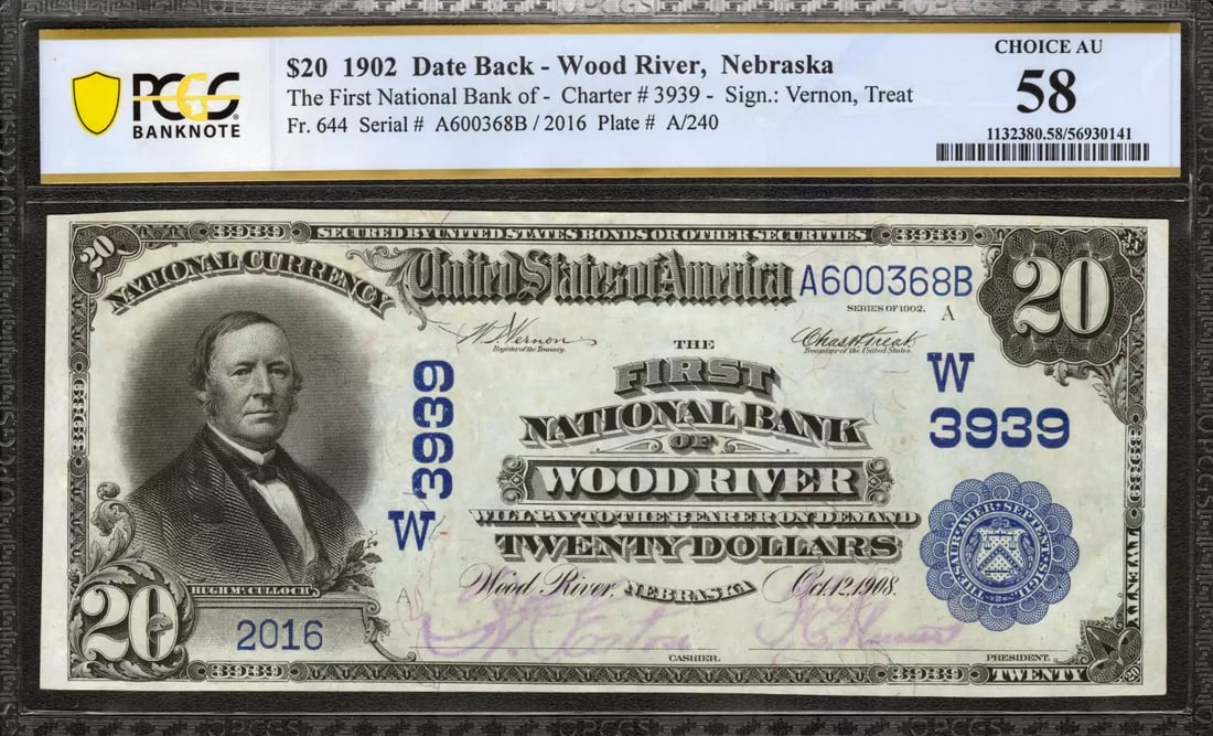 1902 $20 First National Banknote Currency, Wood River Nebraska, PCGS 58 AU (368B): 1902 $20 First National Banknote Currency, Wood River Nebraska, PCGS 58 AU (368B) A rare and historic $20 bill from the 1902 series, certified by PCGS as AU 58, is up for grabs. This circulated exampl