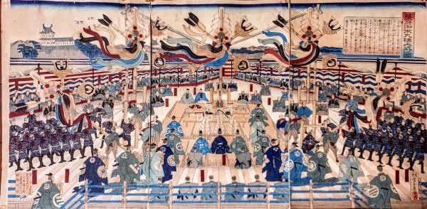 Japan Gyokuei Youdo woodblock print triptych Shogunate Honmaru Roofing Ceremony: Japan Gyokuei Youdo woodblock print triptych Shogunate Honmaru Roofing Ceremony Experience the rich history of Japan's Shogunate era with this stunning Gyokuei Youdo woodblock print triptych, depictin