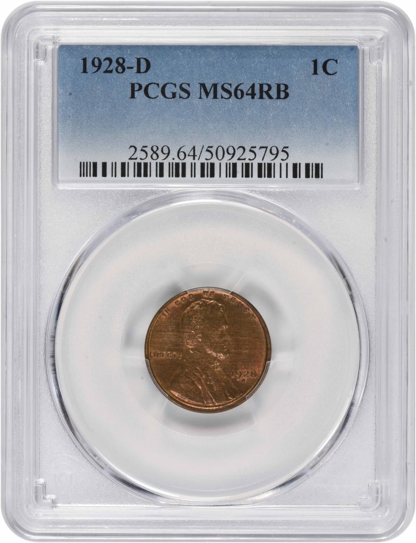PCGS 1928-D Lincoln Cent MS64RB: PCGS 1928-D Lincoln Cent MS64RB A rare gem for the Lincoln Wheat cent collector, this 1928-D MS64RB PCGS certified coin boasts exceptional condition with rich red and brown toning, characteristic of i