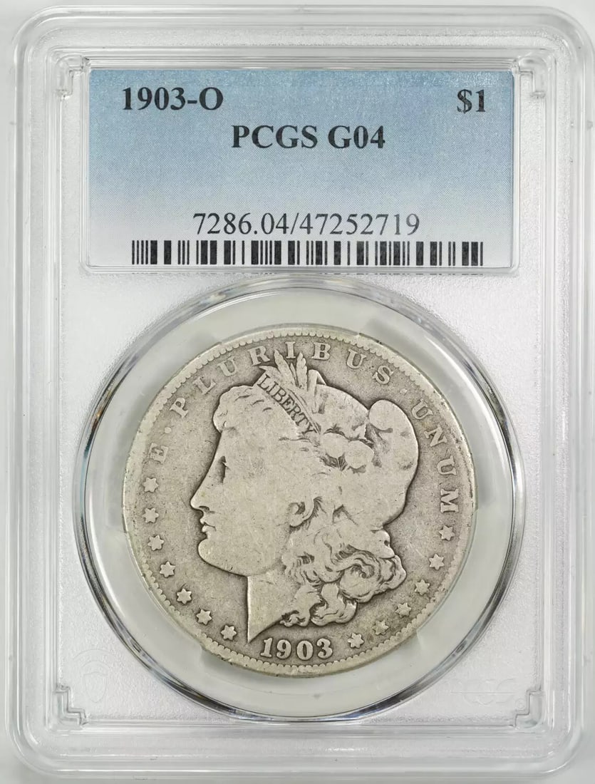 (719) 1903 O MORGAN SILVER DOLLAR $1 PCGS CERTIFIED G 04 GOOD: (719) 1903 O MORGAN SILVER DOLLAR $1 PCGS CERTIFIED G 04 GOOD A rare and historic $1 Morgan silver dollar from 1903, certified by PCGS as G4, is up for auction. This circulated coin boasts a rich hist