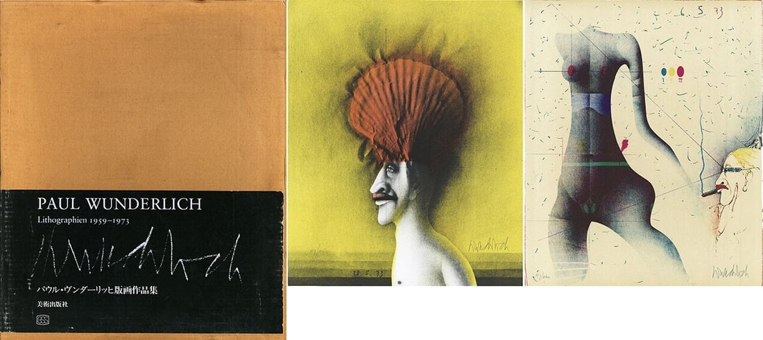 1976 Paul Wunderlich Lithographs Woman's Body Man's Face Orange Hair: 1976 Paul Wunderlich Lithographs Woman's Body Man's Face Orange Hair A striking piece of art, this 1976 lithograph by Paul Wunderlich showcases a bold and colorful depiction of a woman's body with an