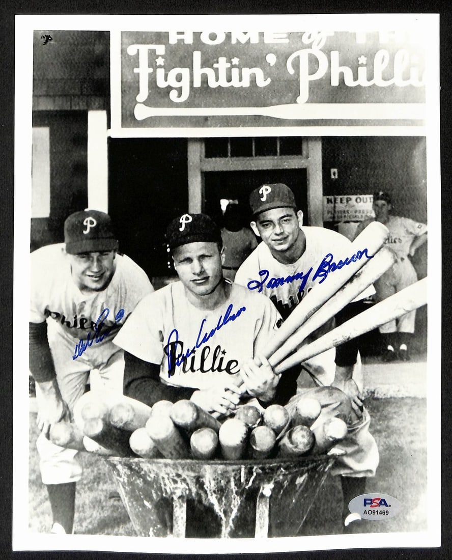 195451 Richie Ashburn/ Tommy Brown/ Del Ennis Multi-Signed/ Auto 8x10 Photo PSA/ DNA: 195451 Richie Ashburn/ Tommy Brown/ Del Ennis Multi-Signed/ Auto 8x10 Photo PSA/ DNA Get ready to relive baseball history with this incredible 8x10 photo featuring the legendary trio of Richie Ashburn