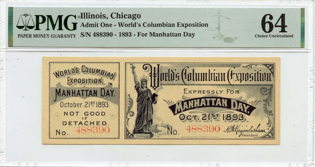 Statue of Liberty Admit One 1893 Illinois Chicago PMG CH64: Statue of Liberty Admit One 1893 Illinois Chicago PMG CH64 Own a piece of American history with this stunning 1893 Statue of Liberty Admit One coin, graded MS64 by the prestigious PMG certification se