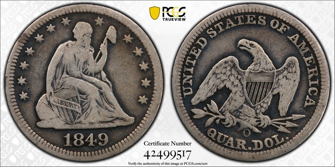 Seated Quarter (1849-O) PCGS F12: Seated Quarter (1849-O) PCGS F12 Experience the charm of the 1849-O Seated Quarter, a rare and highly sought-after coin from the early days of American numismatics. With its PCGS F12 grade and circula