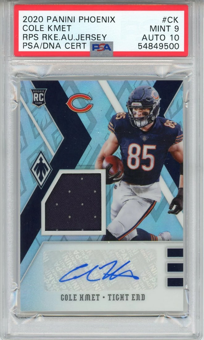 Cole Kmet 2020 Panini Phoenix Rookie Patch Card #CK (PSA): Cole Kmet 2020 Panini Phoenix Rookie Patch Card #CK (PSA) Get ready to add a rare gem to your Cole Kmet collection! This 2020 Panini Phoenix Rookie Patch Card #CK, graded and slabbed by the renowned P