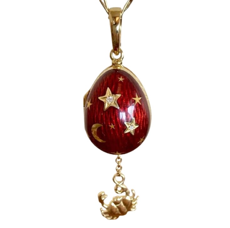 Victor Mayer Zodiac Cancer 18k Gold Red Enamel Diamond Egg Pendant: Victor Mayer Zodiac Cancer 18k Gold Red Enamel Diamond Egg Pendant A stunning 18k gold red enamel diamond egg pendant, expertly crafted by Faberge, makes for a truly unique and special piece of jewelr