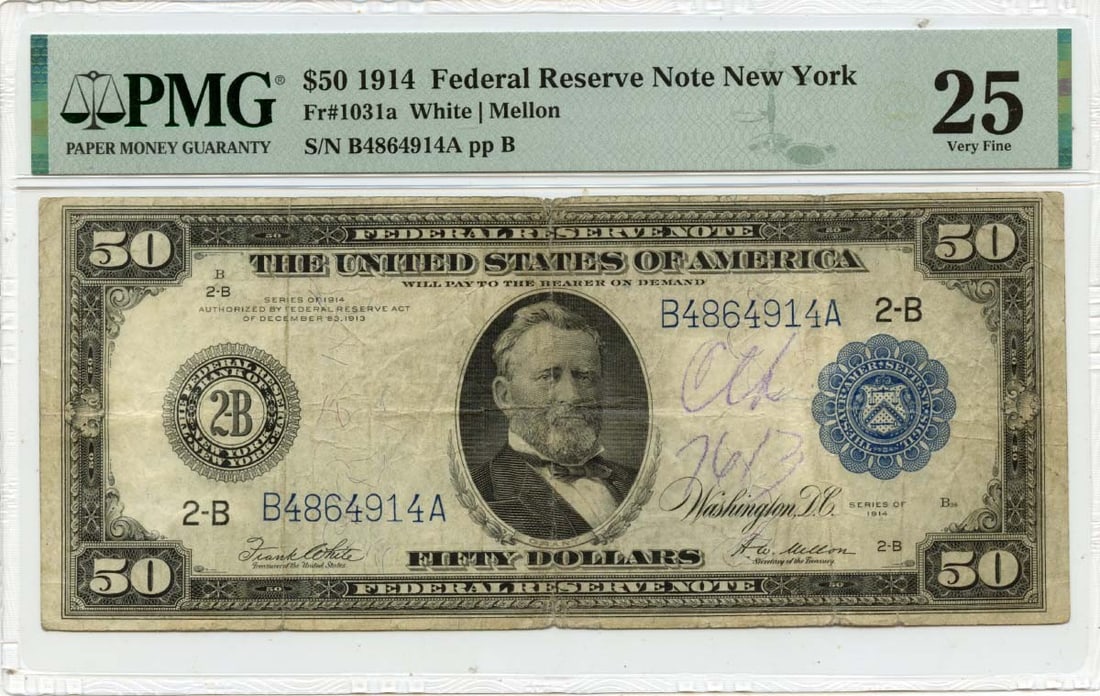 VF25 1914 $50 Federal Reserve Note New York FR#1031a PMG: VF25 1914 $50 Federal Reserve Note New York FR#1031a PMG A rare gem from the early 20th century, this 1914 $50 Federal Reserve Note is certified by PMG as VF25 and graded for its circulated condition.