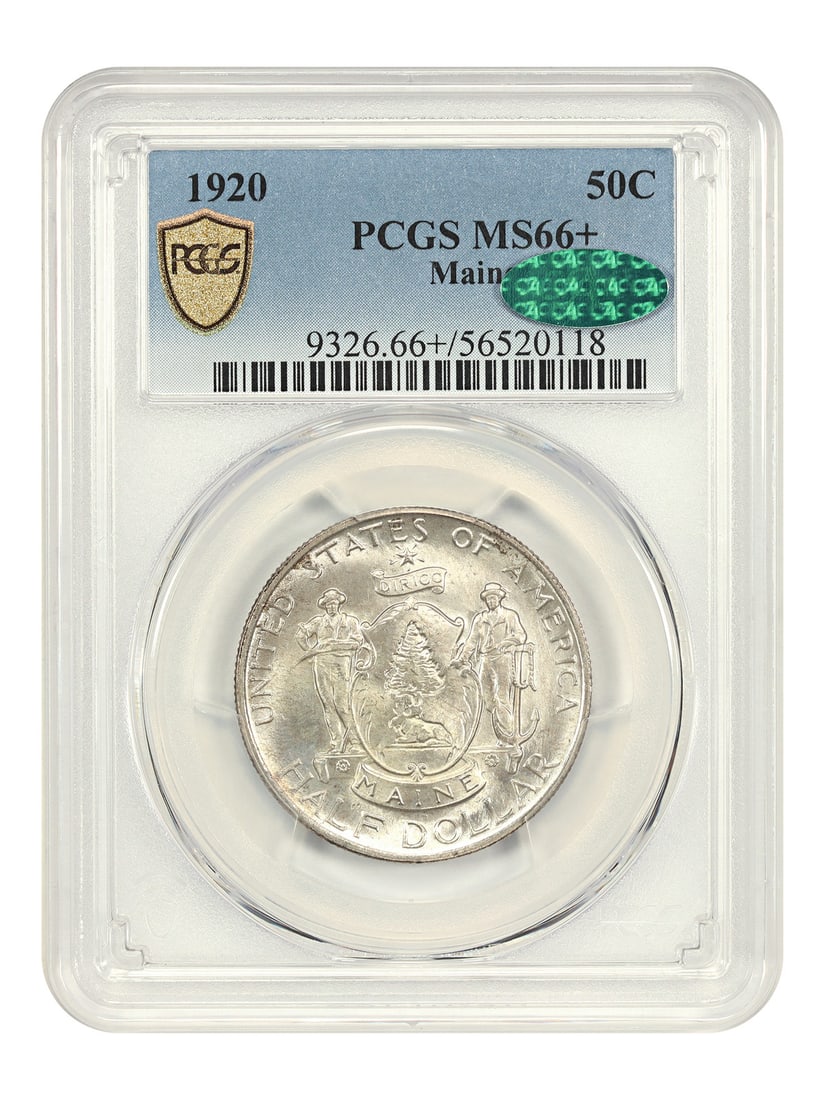 Maine 50c MS66+, 1920 PCGS/ CAC Commemorative: Maine 50c MS66+, 1920 PCGS/ CAC Commemorative A rare and highly sought-after 1920 Philadelphia commemorative half dollar, graded MS66+ by PCGS and CAC, is up for auction. This stunning coin boasts exc