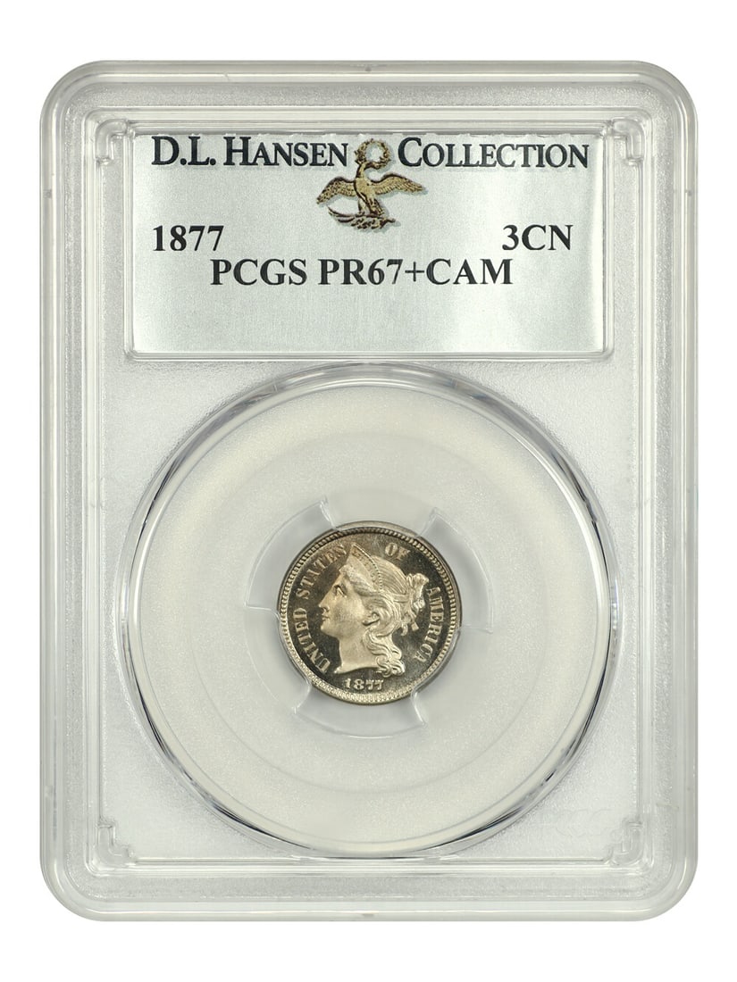 D.L. Hansen 1877 3CN PCGS PR67+CAM: D.L. Hansen 1877 3CN PCGS PR67+CAM A stunning example of American numismatic history, this 1877 Three Cent Nickel is certified by PCGS as PR67+, one of the highest grades for circulated coins. With it