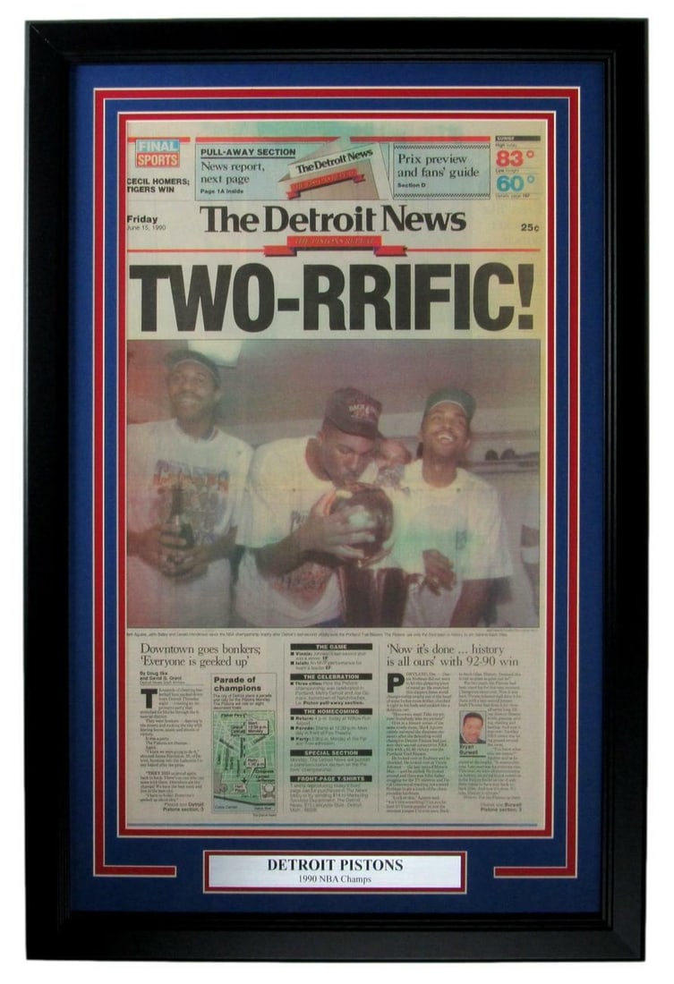 Detroit Pistons 1990 NBA Champs The News Newspaper Framed 157876: Detroit Pistons 1990 NBA Champs The News Newspaper Framed 157876 Own a piece of NBA history with this authentic 1990 Detroit Pistons NBA Championship newspaper, featuring the team's championship win a
