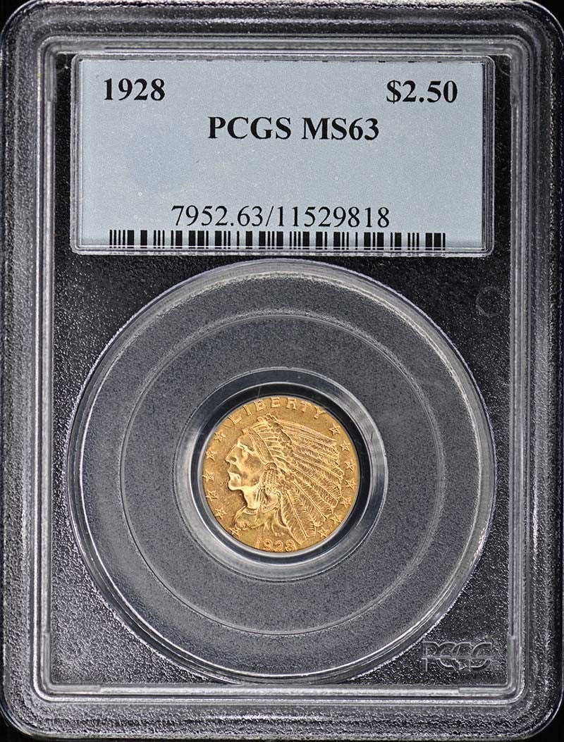 1928 Indian Head $2.50 MS63 PCGS: 1928 Indian Head $2.50 MS63 PCGS A rare and highly sought-after Indian Head $2.50 coin, graded MS63 by PCGS, is up for auction. This 1928 Philadelphia Mint Uncirculated coin boasts pristine condition