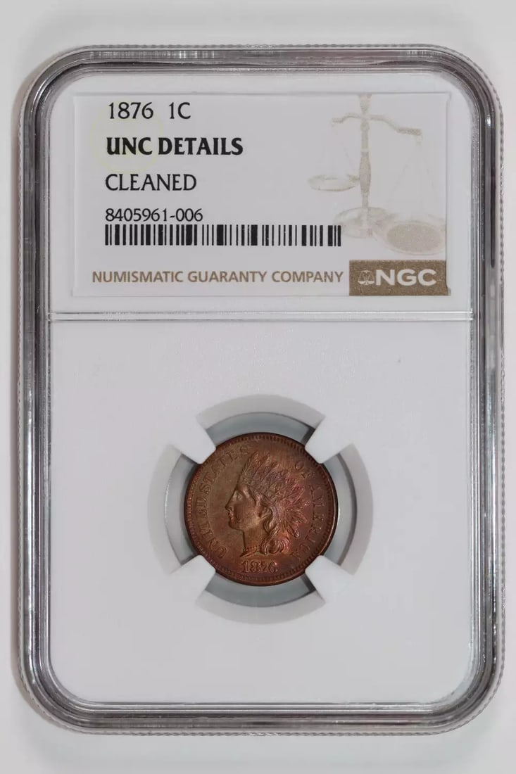 RAINBOW TONING - 1876 INDIAN HEAD CENT NGC UNC DETAILS: RAINBOW TONING - 1876 INDIAN HEAD CENT NGC UNC DETAILS Experience the vibrant colors of a rare 1876 Indian Head Cent, certified by NGC and graded UNC (Very Fine). This stunning coin boasts beautiful d